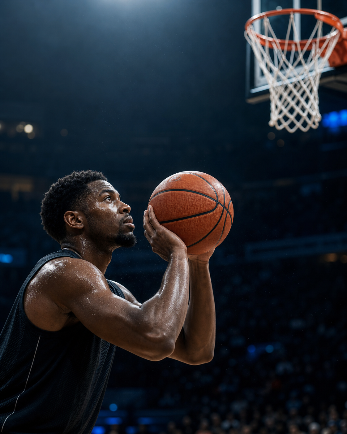 Giocatore di basket concentra lo sguardo sul canestro prima del tiro