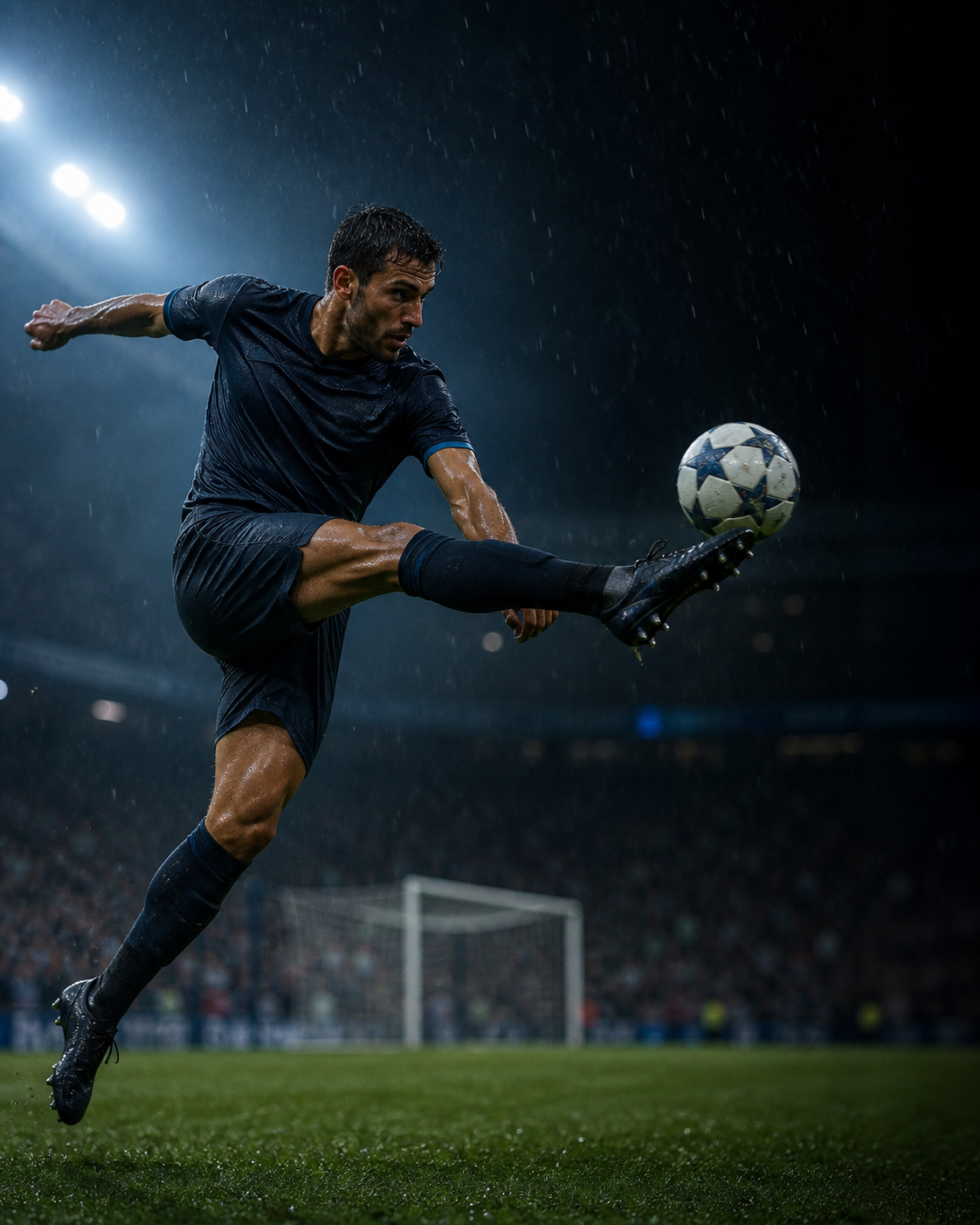 Calciatore concentrato sul pallone durante un gesto tecnico in uno stadio notturno