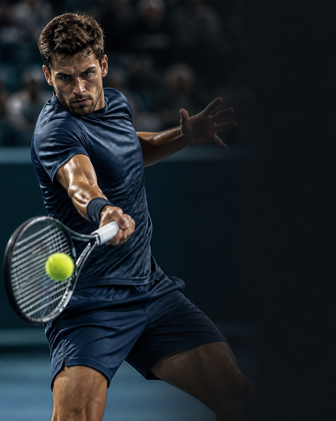 Tennista concentrato sulla pallina nel momento dell’impatto