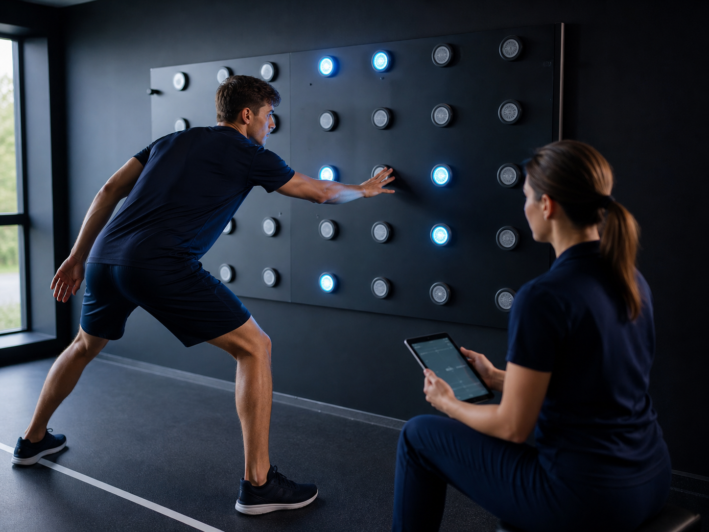 Atleta durante una valutazione visiva sportiva con reaction wall